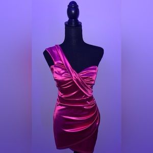 Fuchsia one shoulder mini dinner dress
